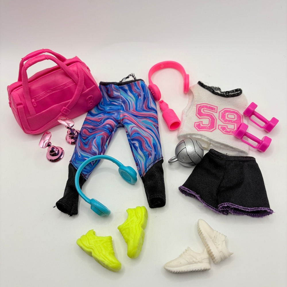 Barbie Workout Fitness Gym Clothes Accessories Set Pink Duffel Shoes Yoga Sport